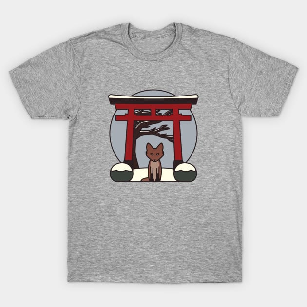 Kitsune - Fox visits Shrine in Japan - Winter T-Shirt by iamapanda